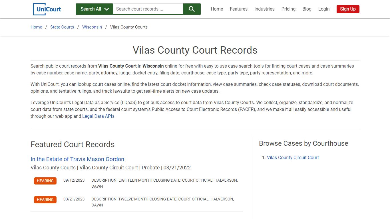 Vilas County Court Records | Wisconsin | UniCourt